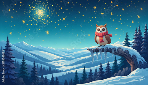 Owl wearing a cozy scarf sitting on a frozen branch overlooking a glowing valley at night.
