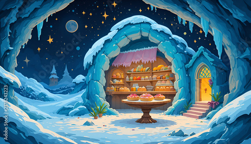 Tiny magical bakery inside a glowing ice cave with giant pastries on a wooden table