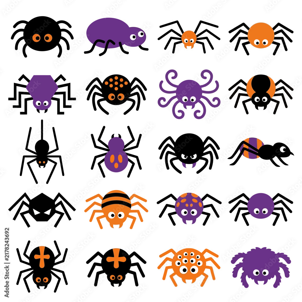 Fototapeta premium Halloween Cute cartoon spider collection. Halloween arachnids. Purple and orange monsters. Spooky bugs illustration. Children's book characters. Spiders set. Arachnid icons. Holiday design
