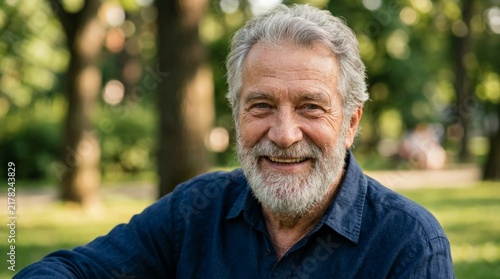 An older man with gray hair and a beard smiling gently in a park setting, evoking themes of memory care and alzheimer support while maintaining a warm and positive portrait composition