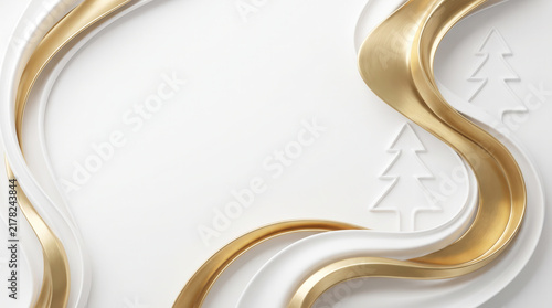 Minimalist Christmas background with flowing white and gold ribbons and outline trees.