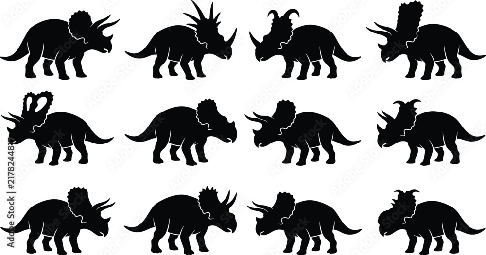 Obraz premium Triceratops Dinosaur Silhouettes Collection Featuring Ten Distinct Prehistoric Animals in Black Vector Style