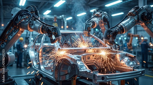 Automated Robotic Arms Welding Car Body on Assembly Line