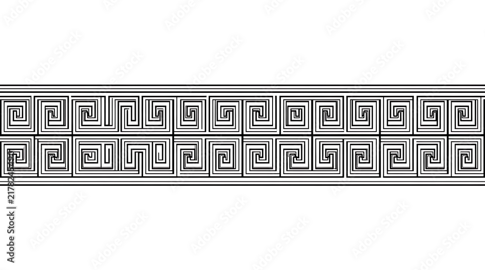 Seamless greek key pattern border design in black and white featuring classic geometric meander motif for decorative elements