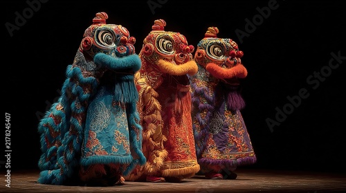 Colorful Traditional Lion Dance Costumes Displayed on Stage.