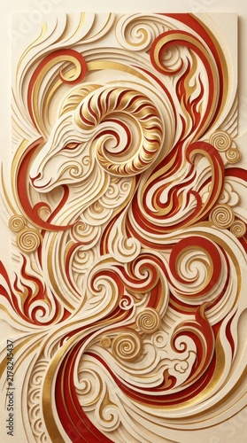 3D paper cut illustration of a ram head with swirling patterns. Elegant gold and red abstract ornament background. Lunar New Year 2027 fire sheep zodiac design