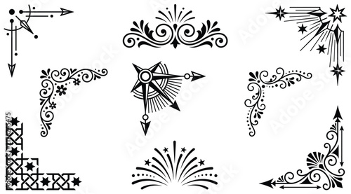 Black ornate victorian corner borders and flourishes set of vector decorative designs.