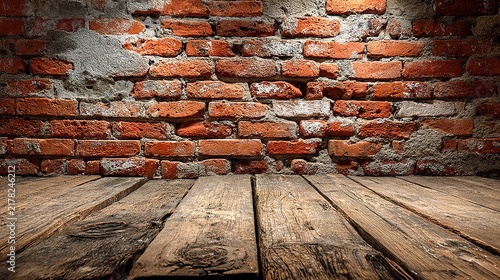 Rustic Brick Wall Background with Wooden Floor Surface.