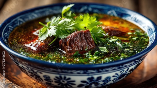 Traditional Asian Beef Soup with Fresh Herbs and Spices.