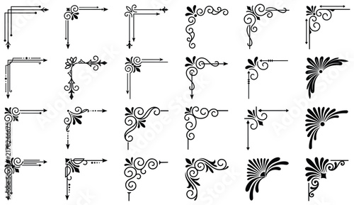 Filigree vector black corner borders set with elegant floral swirls and classic lines.