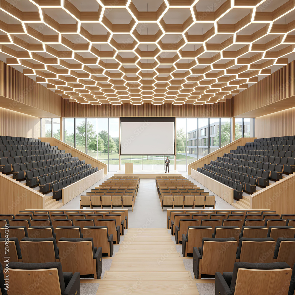 Fototapeta premium Modern Auditorium with Hexagonal Ceiling and Large Screen