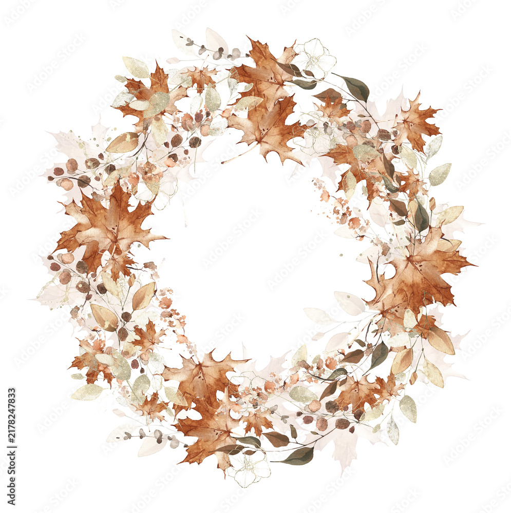 Obraz premium Watercolor hand painted autumn foliage wreath frame. Red, beige, brown autumn wild greenery, eucalyptus branches, maple leaves and twigs. Dry plants template design.
