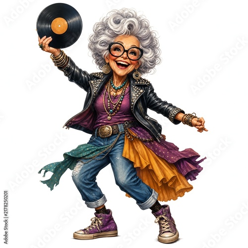 Rock and Roll Grandma Holding a Vinyl Record Trophy