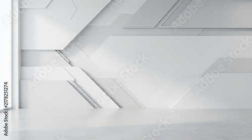 Modern white room with abstract wall design