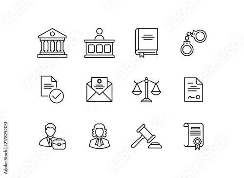 Comprehensive legal, law, and justice line icon collection. Features courthouse, judge gavel, scales of justice, handcuffs, and legal contracts. Ideal for attorney and law firm branding.