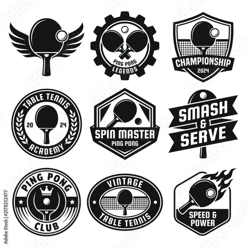 This image showcases a variety of table tennis logos and badges featuring ping pong elements and various artistic styles, perfect for sports enthusiasts and tournament branding.