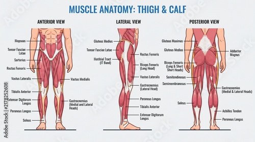 Human Muscle Anatomy Chart Featuring Anterior Lateral and Posterior Views of Thigh and Calf Muscles