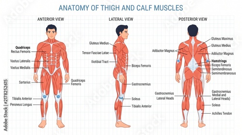 Human Muscular Anatomy Chart Showing Thigh And Calf Muscles In Anterior Lateral And Posterior View