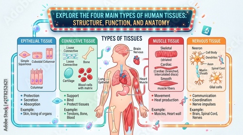 Human Tissue Anatomy Infographic Chart Showing Epithelial Connective Muscle and Nervous Tissue