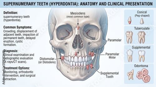 Medical Infographic Of Human Skull With Supernumerary Teeth And Hyperdontia Dental Conditions