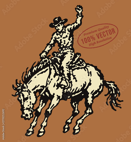 Retro vector illustration of a rodeo cowboy riding a bucking horse
