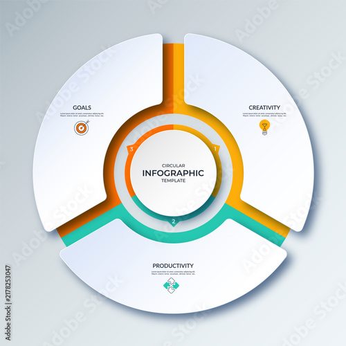 Infographic circle, round chart, cycle diagram with three steps. Can be used for report, business analytics, data visualization, strategy, planning, presentation. Editable and scalable vector graphic.