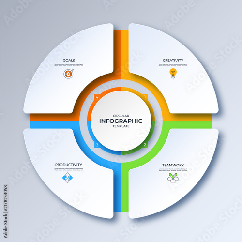 Infographic circle, round chart, cycle diagram with four steps. Can be used for report, business analytics, data visualization, strategy, planning, presentation. Editable and scalable vector graphic.