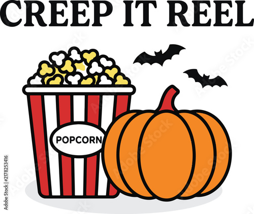 Creep it reel halloween text with popcorn bucket and orange pumpkin illustration