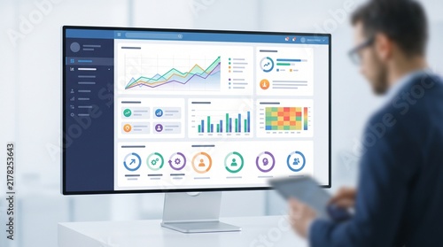 Business analytics dashboard on computer screen with man holding tablet.