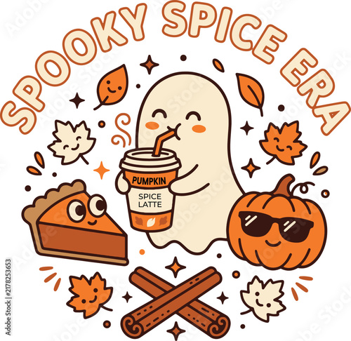 Cute ghost drinking pumpkin spice latte with autumn leaves and pie illustration