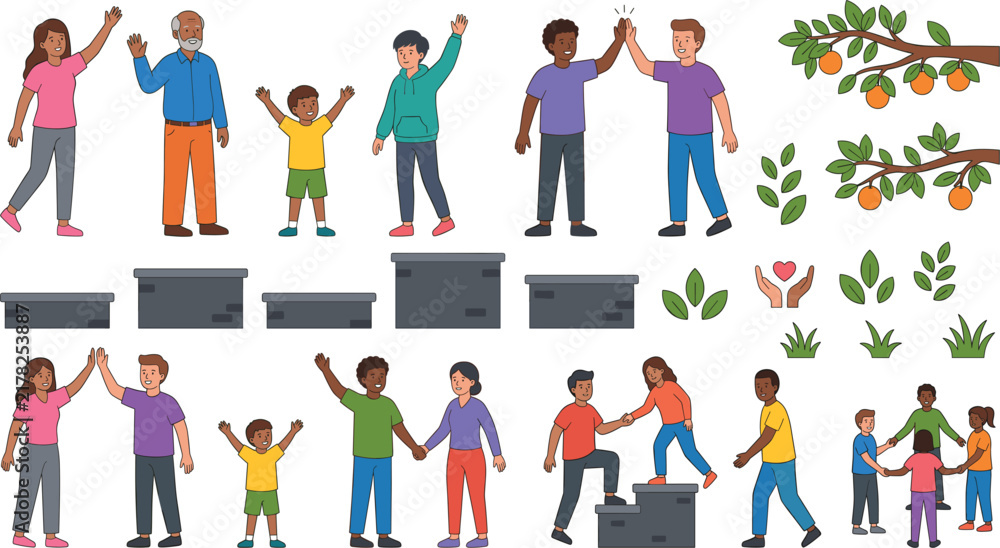 Fototapeta premium Diverse community people character constructor set with flat family couples kids and social equality elements