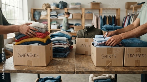 People Sorting Clothing into Labeled Cardboard Boxes