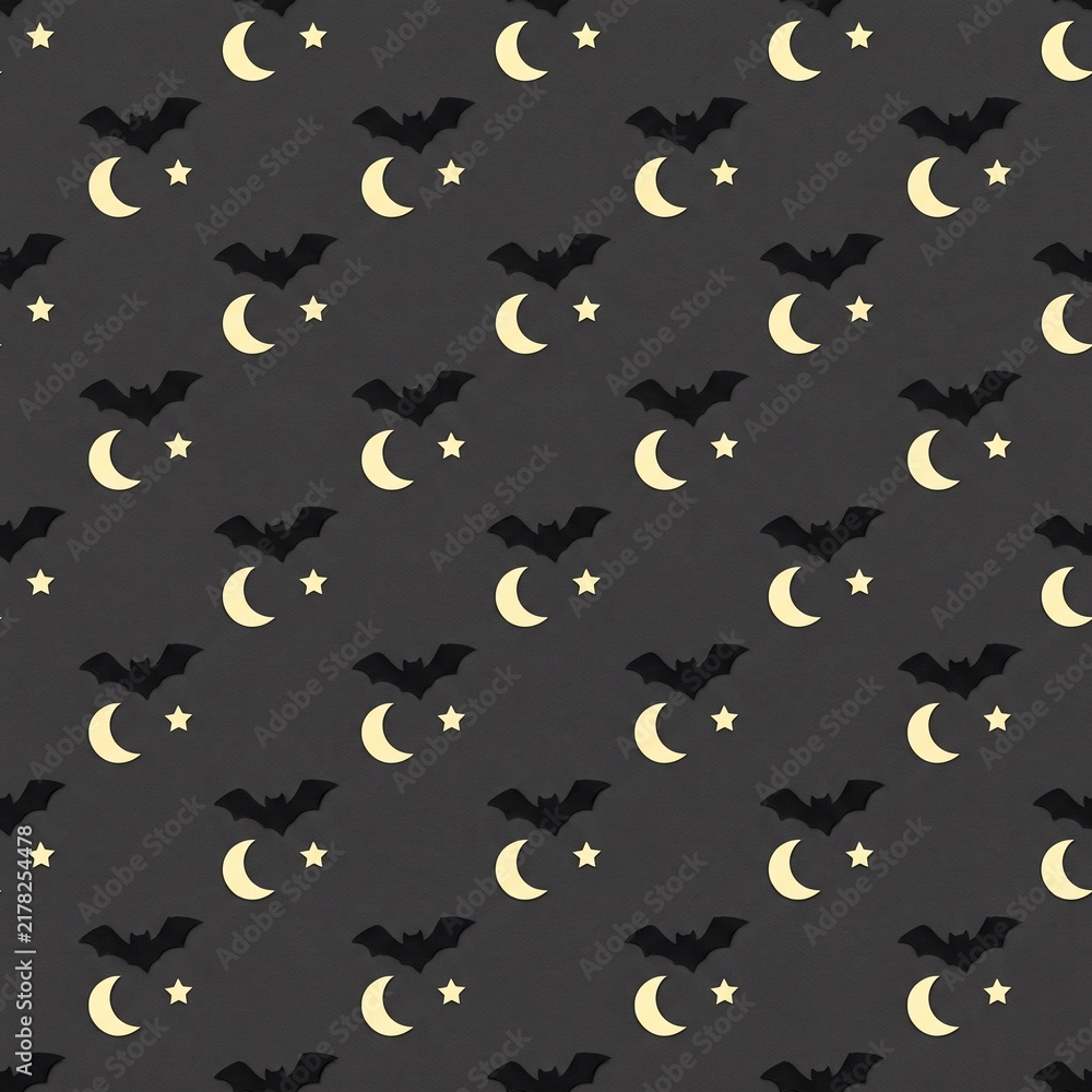 Fototapeta premium Halloween Bats Moon and Stars Seamless Pattern