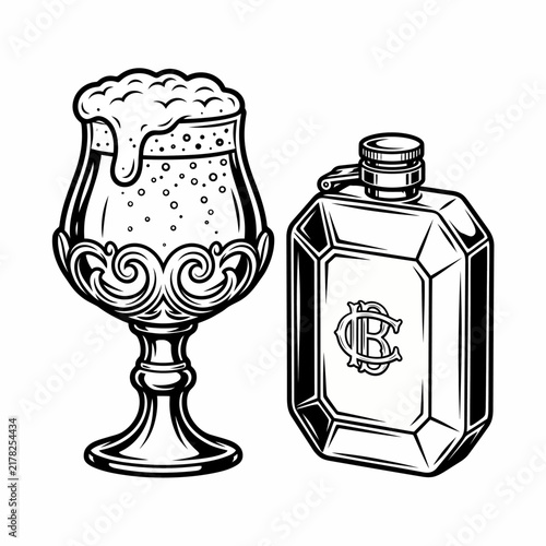 This engraving-style illustration features a classic beer glass and whiskey flask, emphasizing beverage culture and craftsmanship within the spirits industry.