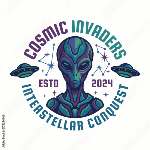 A striking logo illustrating Cosmic Invaders, featuring an alien figure and spaceships, representing the theme of interstellar conquest in a vibrant artistic style.