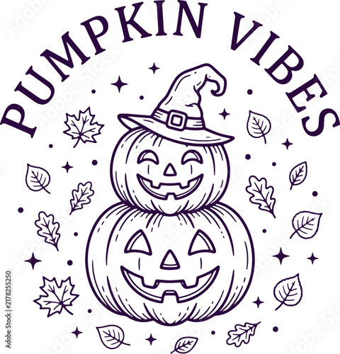Pumpkin vibes illustration with a cute halloween jack o lantern wearing a witch hat