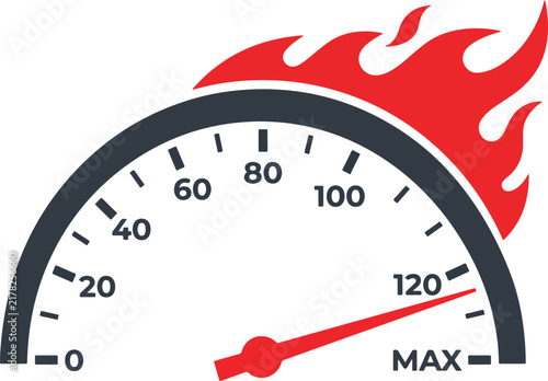 High Speedometer Gauge with Flame Icon, Maximum Speed and High Performance Automotive Vector Illustration .