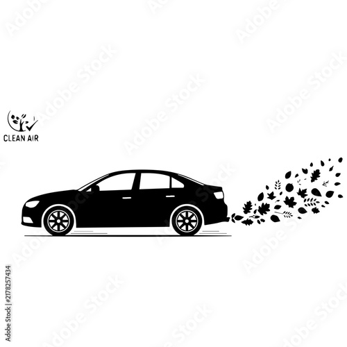 Black car silhouette emitting autumn leaves from exhaust pipe, eco friendly vehicle concept.