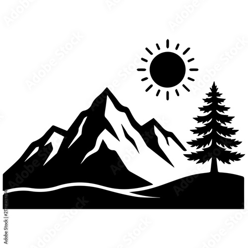 Mountain and pine tree silhouette icon with sun, black and white nature landscape graphic.