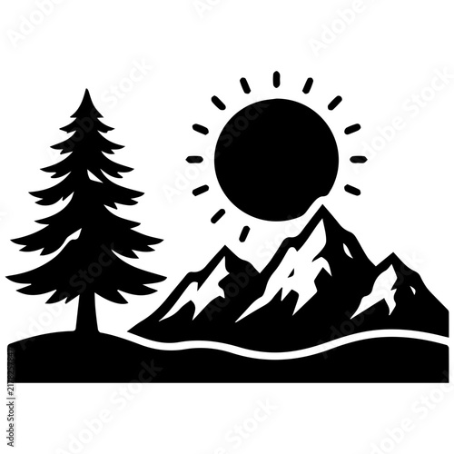 Mountain and pine tree silhouette icon with sun, nature landscape vector graphic design.