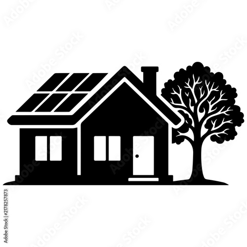 Solar panel house icon with tree, eco friendly home energy symbol for sustainable living