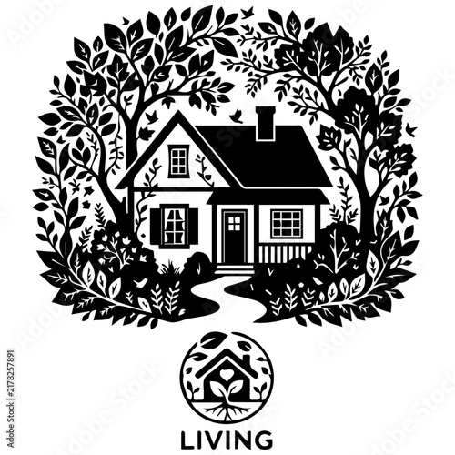 Black and white house silhouette icon with lush foliage and nature elements for branding.