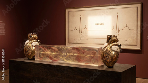 Striking art installation featuring two heart sculptures and visual representation of heartbeat