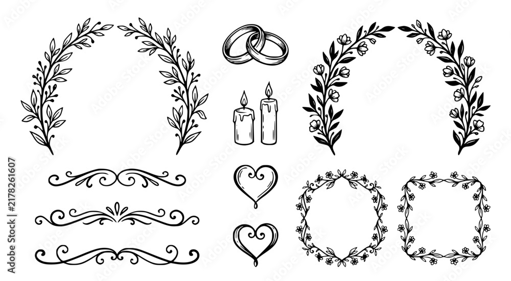 Fototapeta premium Wedding wreath and floral frame vector set with candles and rings for elegant invitation design isolated on white background