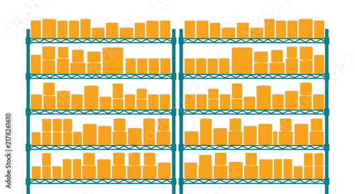 Shelving units filled with orange rectangular containers on a white background
