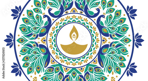 Peacock and floral ornament features a central diya lamp in a circular pattern