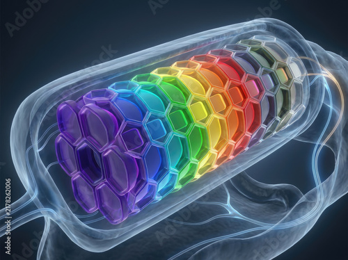 Colorful photoreceptor structure showcasing vibrant hues hexagonal pattern, illustrating light