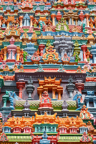 Ancient Sculptures on Hindu temple tower with bas relief