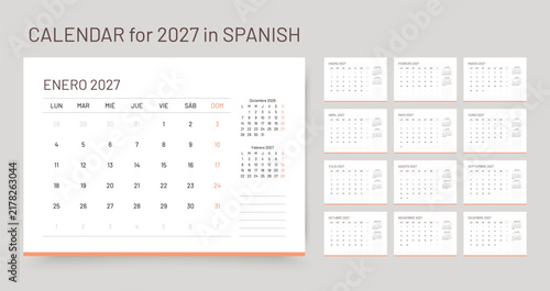 2027 Spanish calendar. Planner template. Calender layout with month. Week starts Monday. Yearly table organizer. Desk schedule grid with 12 pages. Horizontal monthly diary. Vector simple illustration