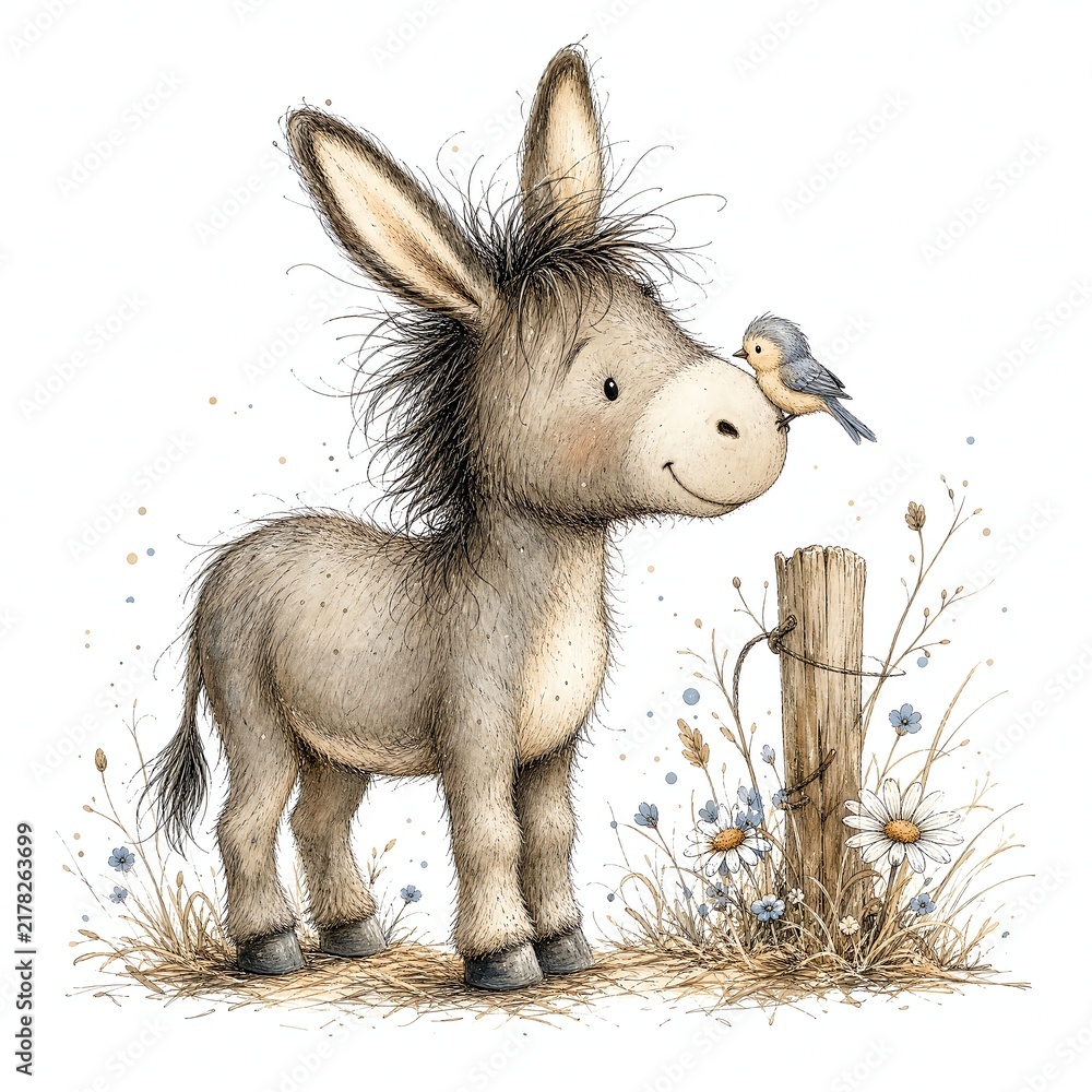 Fototapeta premium Scruffy Storybook Donkey Nuzzling a Small Bird on Its Nose